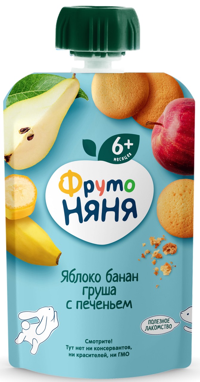 Пюре фрутоняня яблоко/банан/груша/печенье 90г д/п