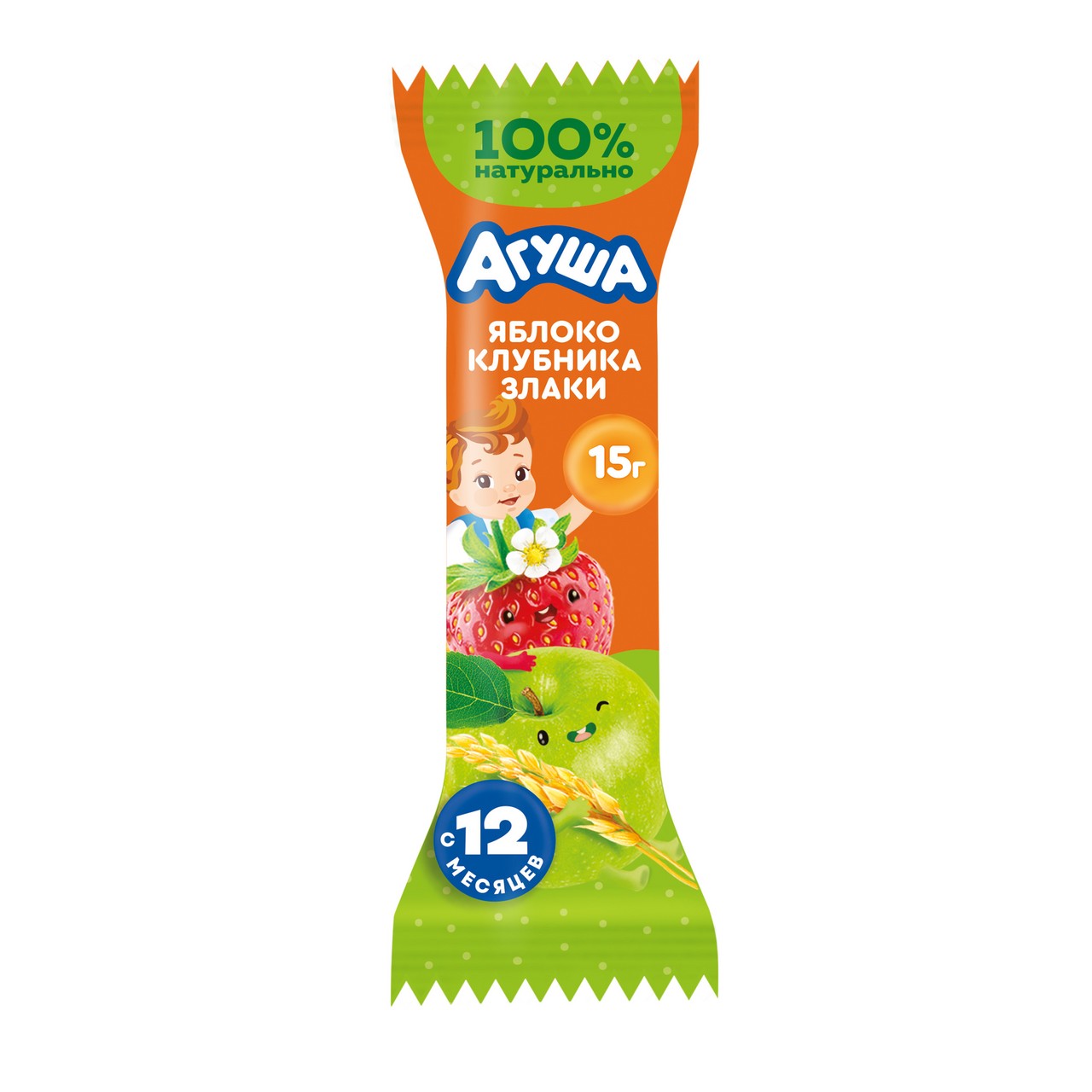 Батончик фрукт агуша яблоко клубника злаки 0,5% 15г